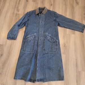 Vtg Western Long Denim Duster Mens Med Flannel Lined Leather Trim RancheR Y2K